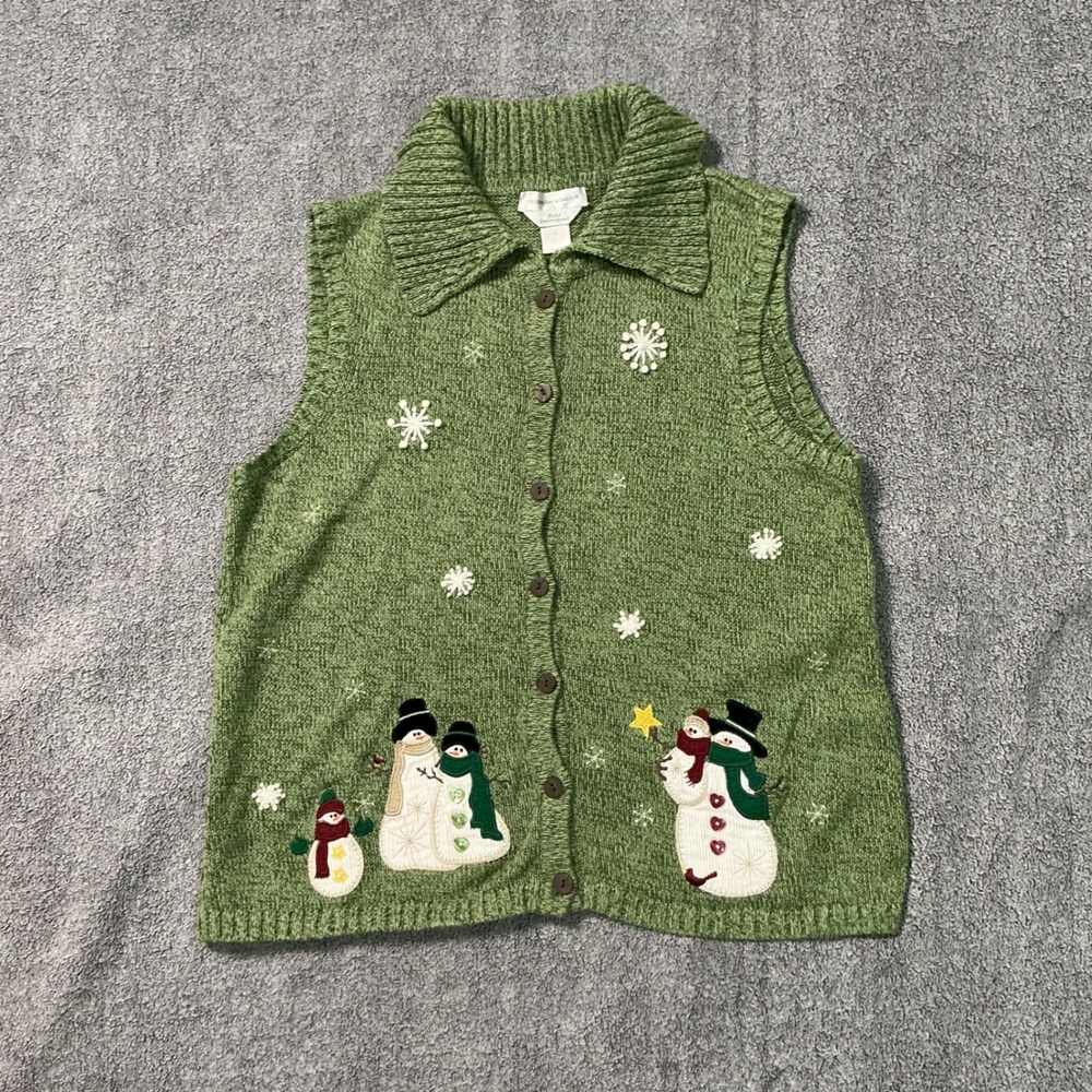 Christopher & Banks Green Snowman Embroidered Sweater Vest Womens Medium Holiday